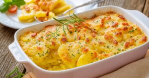 Kuřecí prsa zapečená s brambory, vejci a smetanou