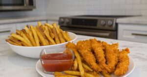 Kuřecí stripsy v parmazánu s křupavými hranolky