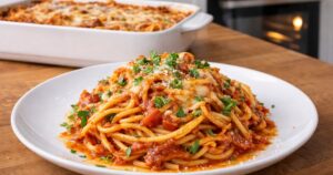 Zapečené špagety s houbami a rajčaty