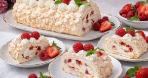 Křehká sněhová roláda s malinami