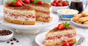 Piškotový dort se zakysanou smetanou, tvarohem a lesními jahodami