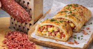 Slaný závin z listového těsta se salámem