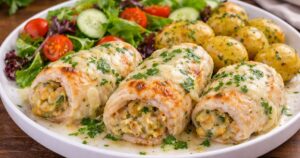 Zapečené kuřecí závitky plněné sýrem a petrželkou