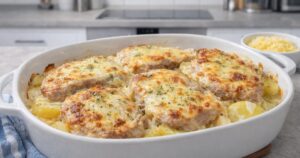 Zapečené vepřové plátky na bramborách s cibulí