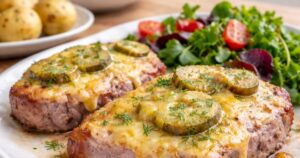 Vepřové kotletky s majonézou, cibulí, kyselou okurkou a sýrem